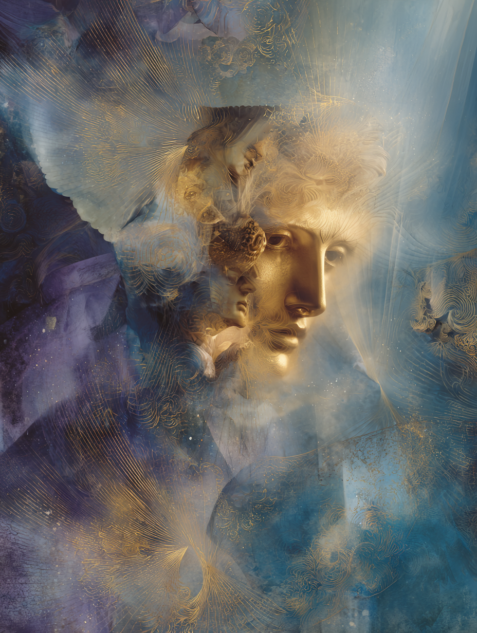 Abstract sacred artwork illustrating archetypal and integrative astrology — golden mythic faces emerging from cosmic blue and violet light, symbolizing the archetypes that shape human experience.