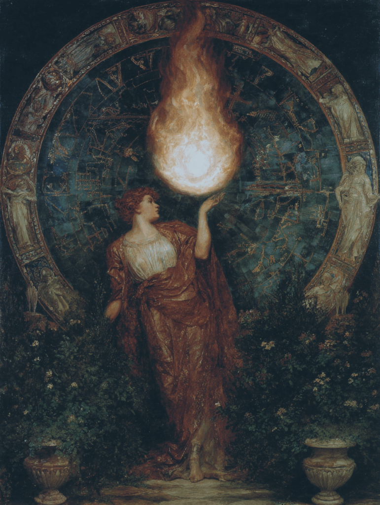 Woman standing before a celestial circle of constellations, illuminated by a sacred flame — symbolic of integrative and archetypal astrology.