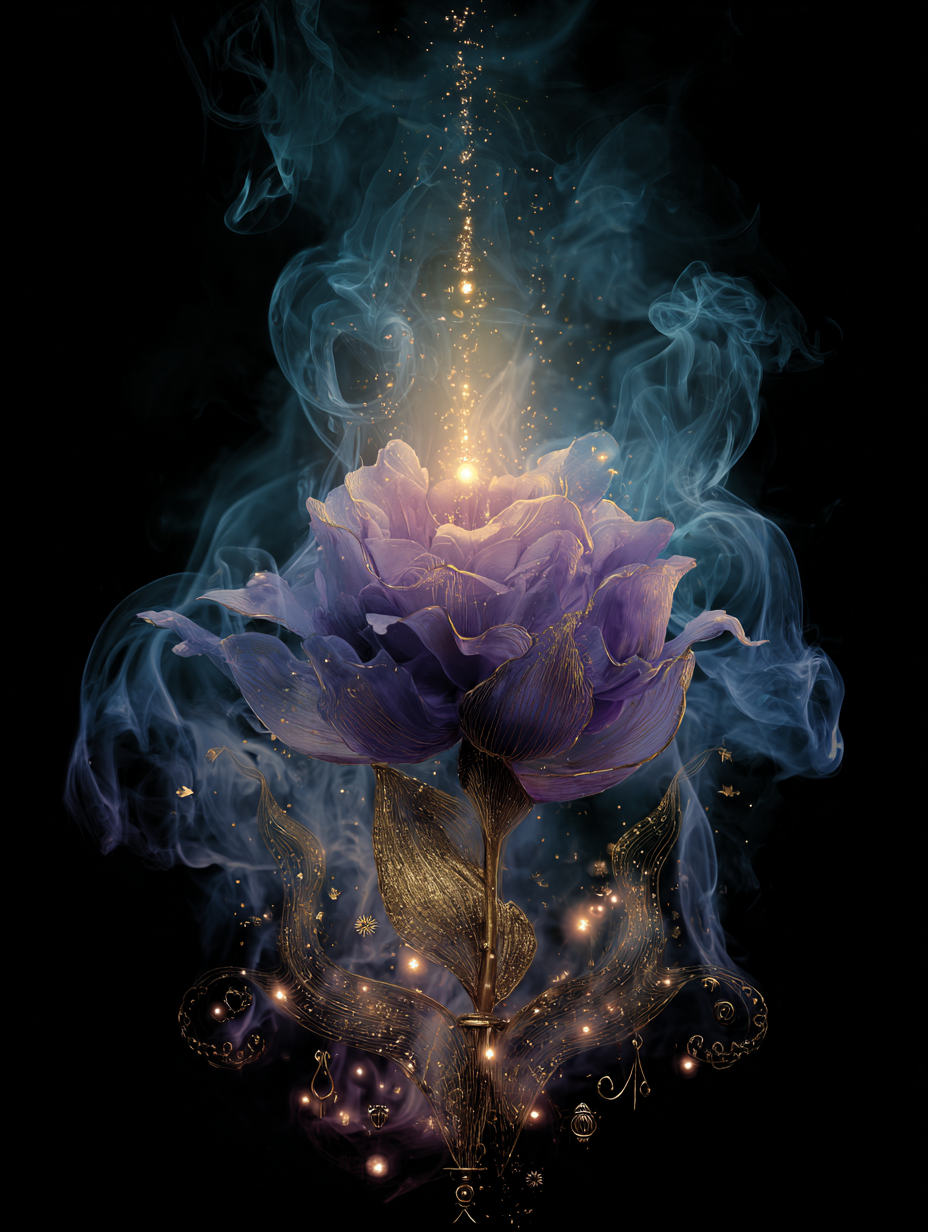 Violet and gold alchemical flower rising in luminous smoke, symbolizing transformation through awareness in an integrative astrology perspective.