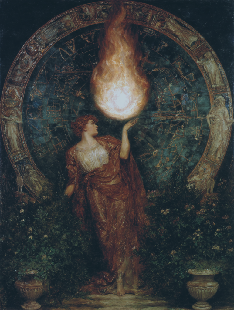 Femme debout devant un cercle céleste de constellations, illuminée par une flamme sacrée — symbole de l'astrologie intégrative et archétypale.