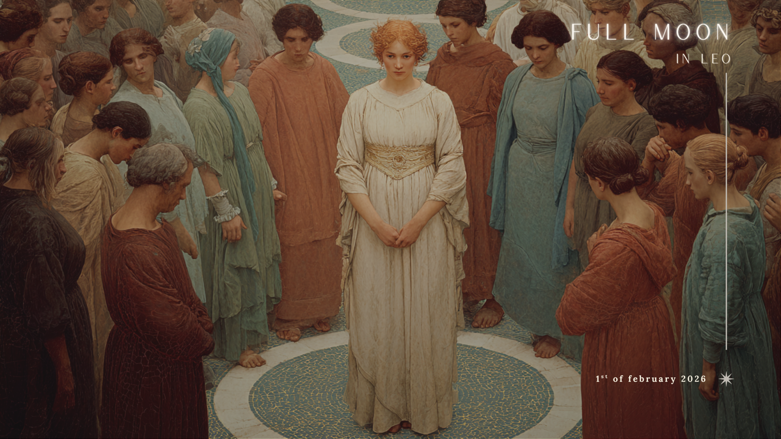 Symbolic image of an individual standing at the center of a collective circle, representing the Full Moon in Leo and the tension between ego and collective responsibility.