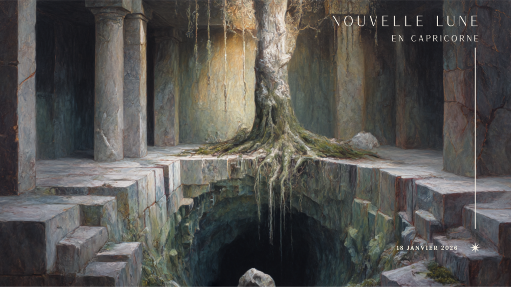 Nouvelle Lune en Capricorne du 18 janvier 2026, symbolisant une fin de cycle et la responsabilité intérieure à travers une architecture de pierre et un arbre enraciné.