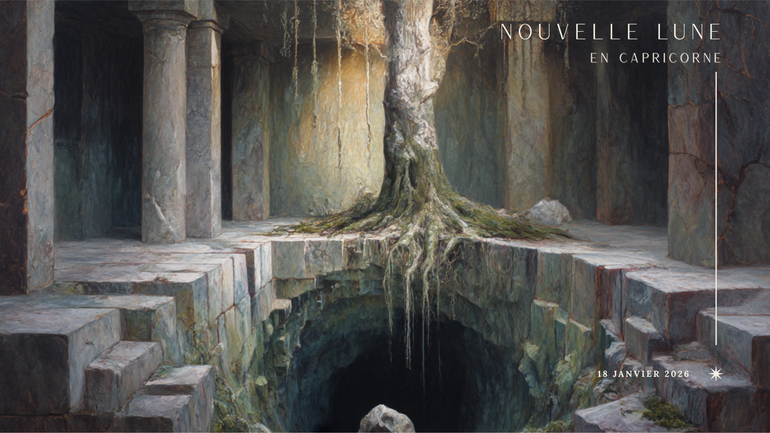 Nouvelle Lune en Capricorne du 18 janvier 2026, symbolisant une fin de cycle et la responsabilité intérieure à travers une architecture de pierre et un arbre enraciné.