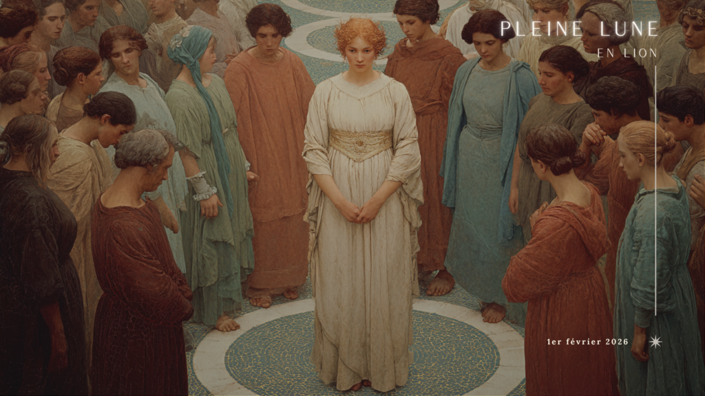 Figure centrale entourée d’un groupe symbolisant la tension entre ego et collectif lors de la Pleine Lune en Lion, dans une lecture astrologique et mythologique contemporaine.