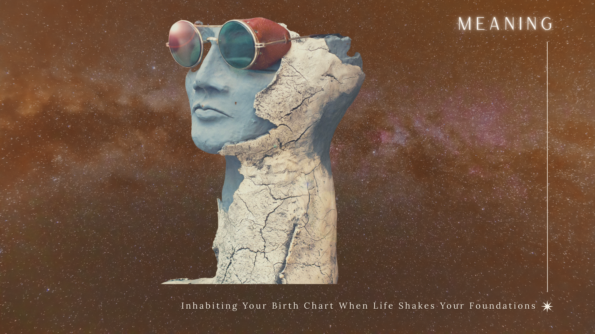 Cracked woman figure gazing toward the horizon, symbolizing living your birth chart and finding meaning