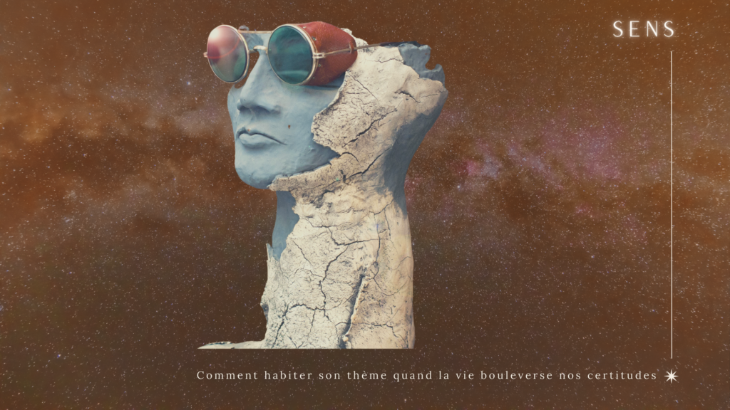 Buste féminin craquelé regardant vers l’horizon, symbole de direction intérieure et de transformation face à l’épreuve