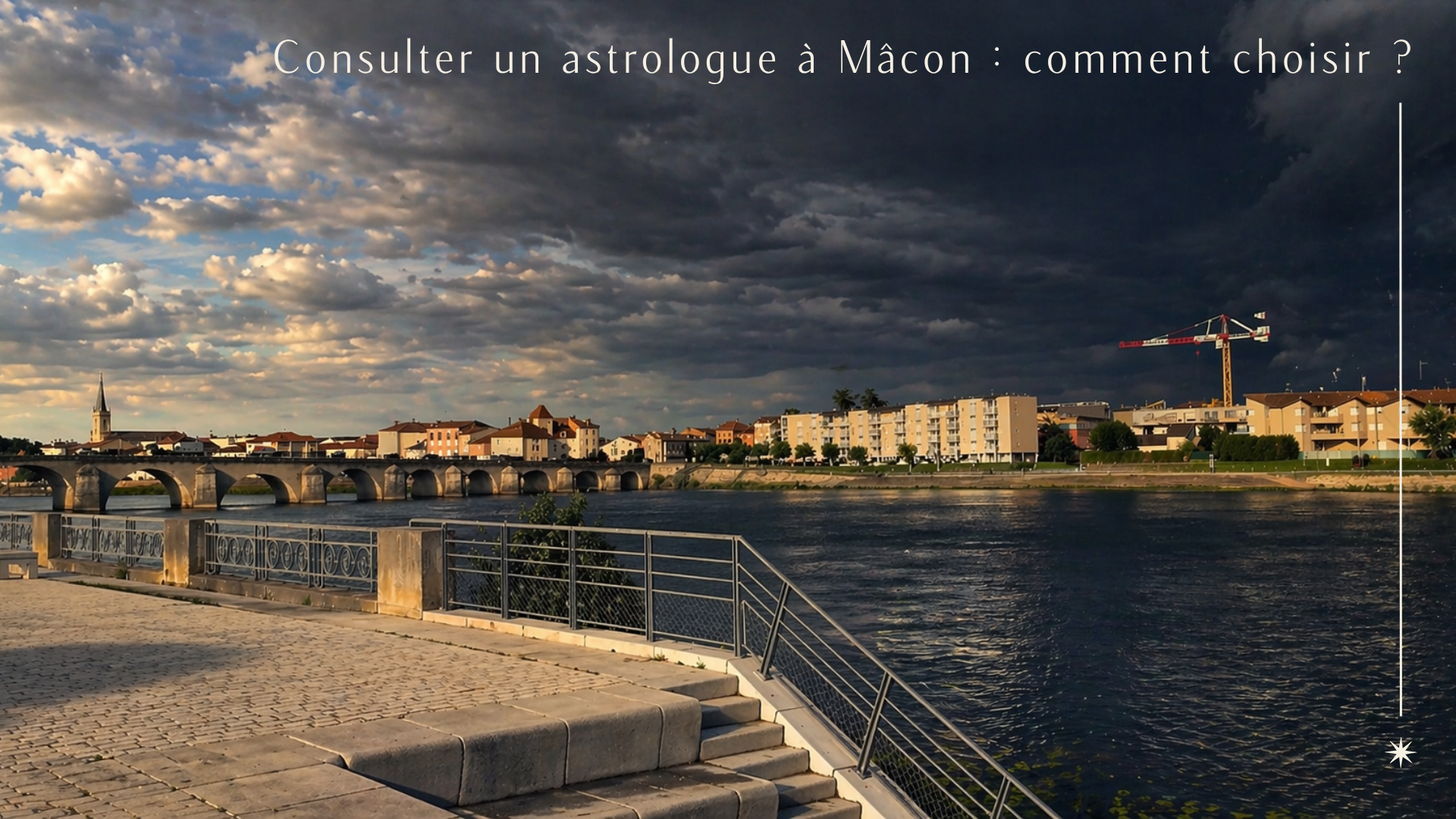 Vue de Mâcon avec le pont et la Saône sous un ciel contrasté, illustrant une consultation avec une astrologue à Mâcon