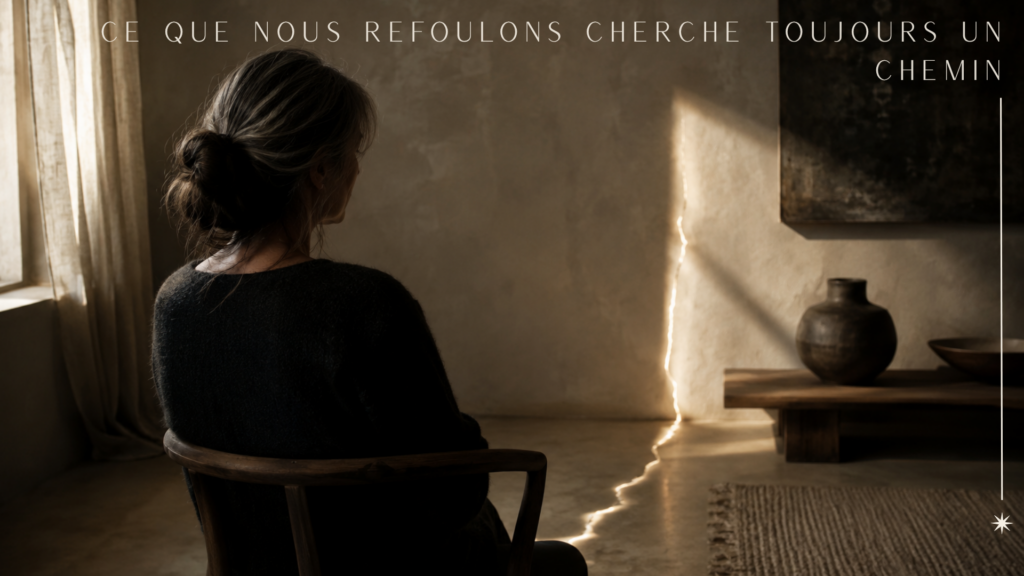 Femme contemplative dans un intérieur sombre évoquant les émotions refoulées et l’ombre psychique