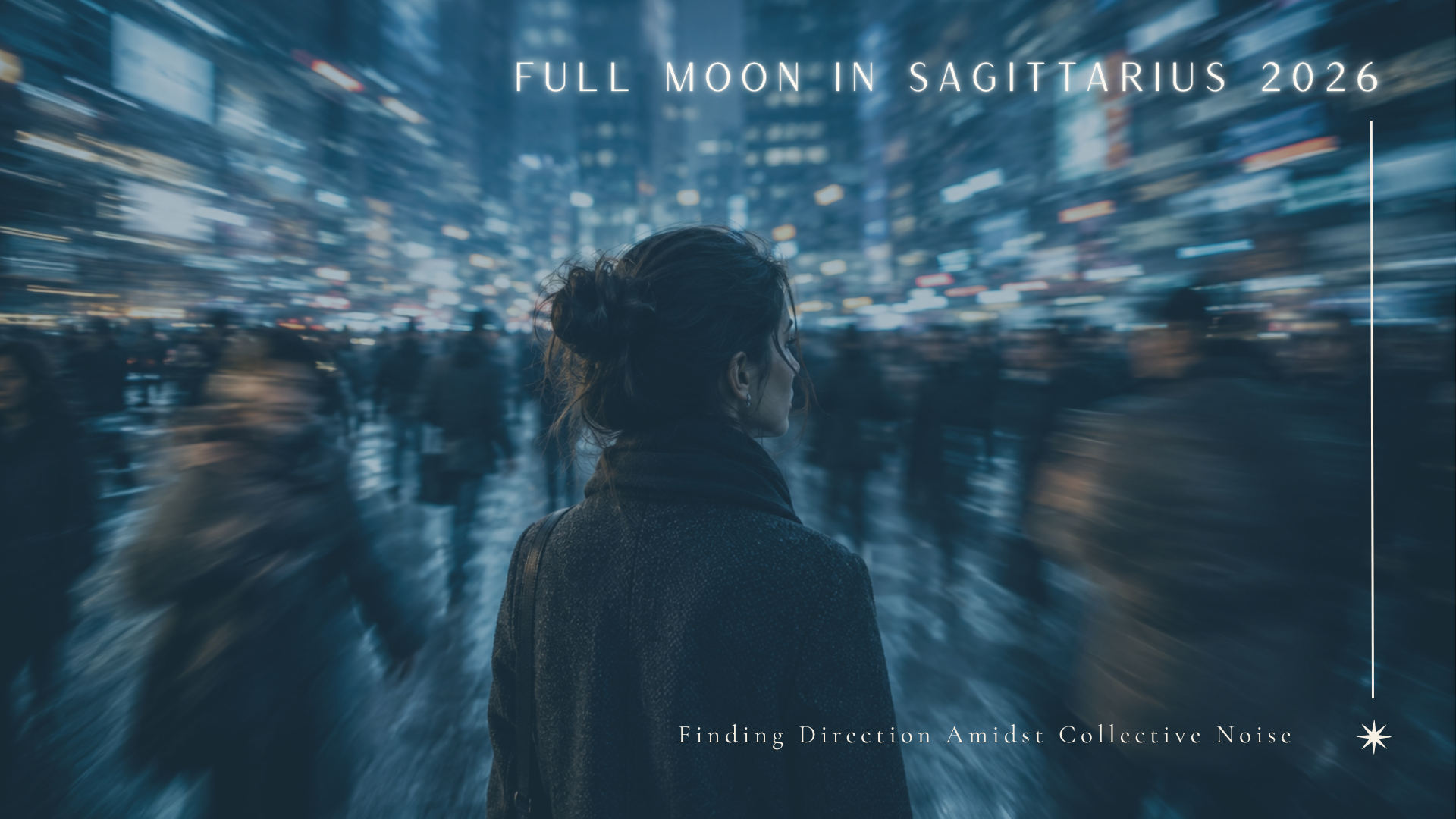 Woman standing still in the middle of a blurred urban crowd symbolizing information overload and the search for inner direction during the Full Moon in Sagittarius 2026