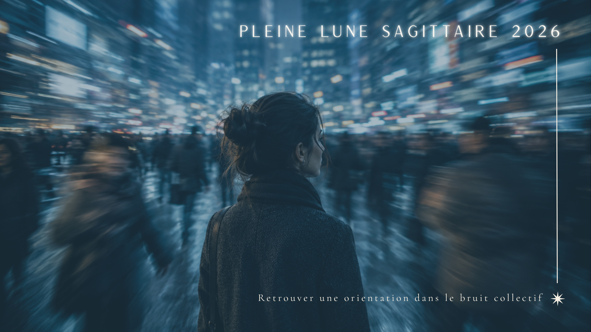 Femme immobile au milieu d’un flux urbain flou symbolisant la surcharge informationnelle et la recherche d’orientation intérieure durant la Pleine Lune en Sagittaire 2026 Et honnêtement, le visuel fonctionne très bien avec le fond de l’article :