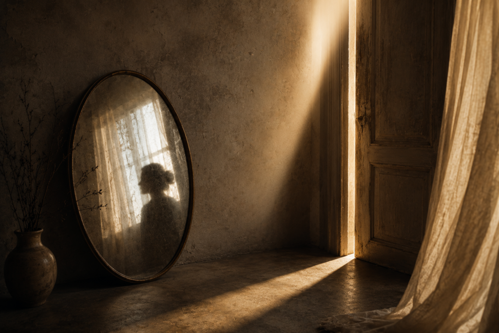 Reflet d’une silhouette dans un miroir évoquant l’inconscient et les parts de soi maintenues dans l’ombre