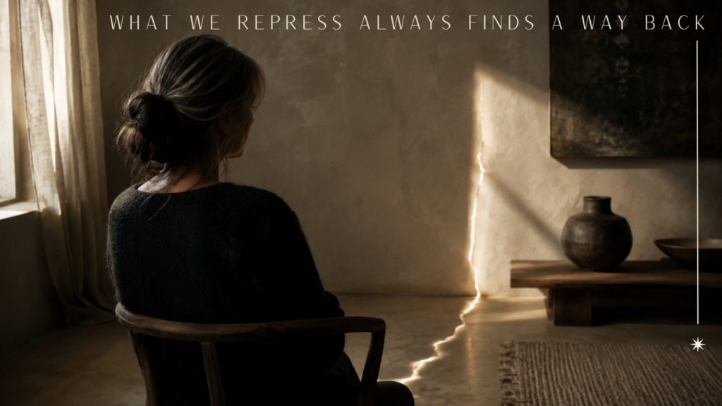 Contemplative woman in a dim interior evoking repressed emotions and the psychological shadow