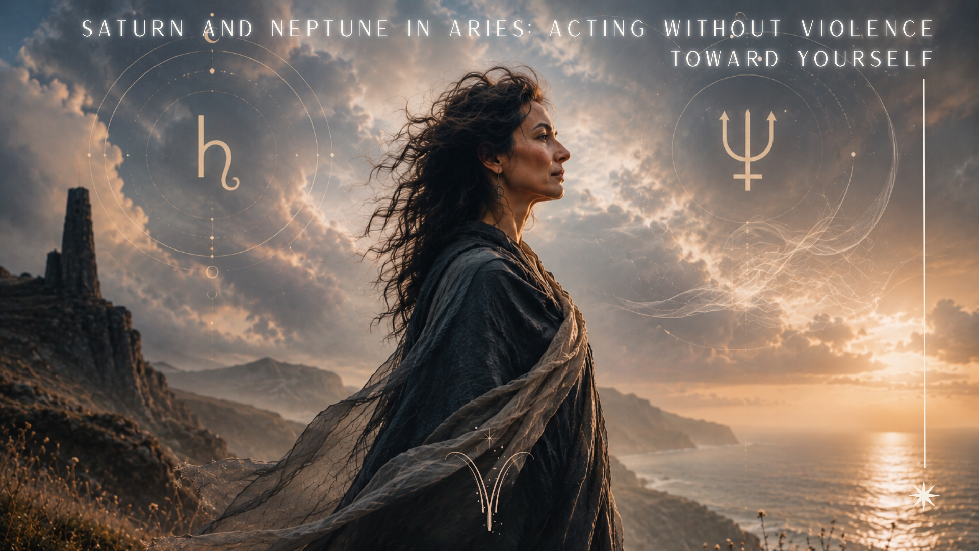Woman facing the sea with Saturn, Neptune and Aries symbols in a luminous windswept landscape