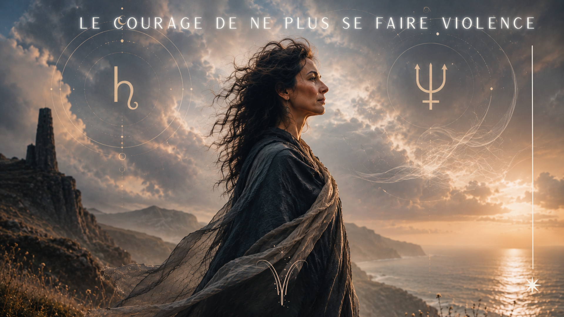 Femme face à la mer avec symboles astrologiques de Saturne, Neptune et Bélier dans un paysage lumineux et venteux