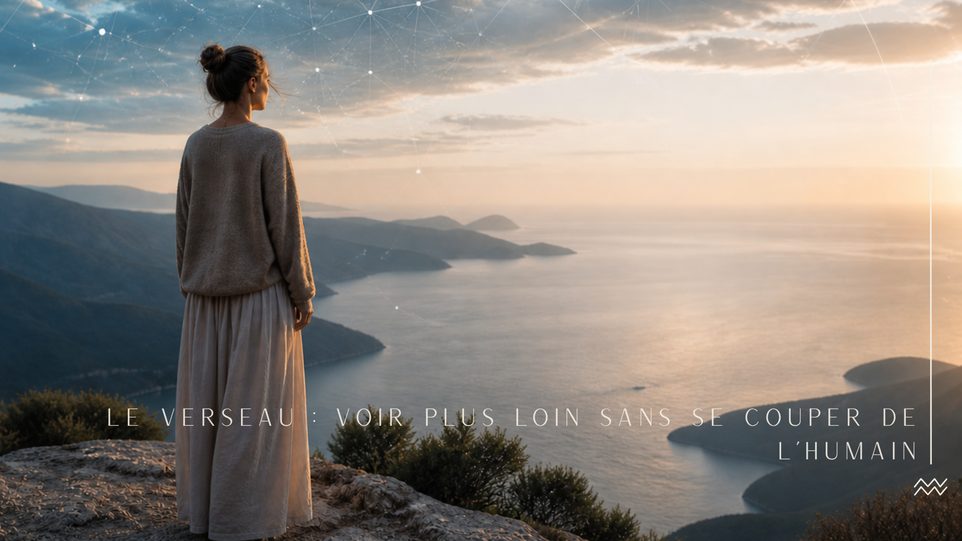femme regardant l’horizon avec réseau lumineux subtil symbole du verseau en astrologie et conscience humaine