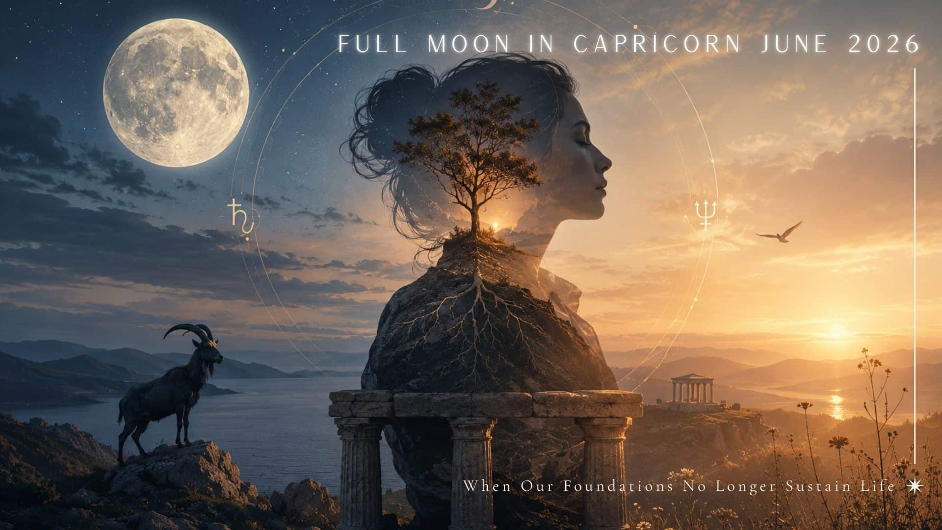 Symbolic illustration of the Capricorn Full Moon on June 30, 2026 exploring inner foundations, psychological roots and personal transformation.