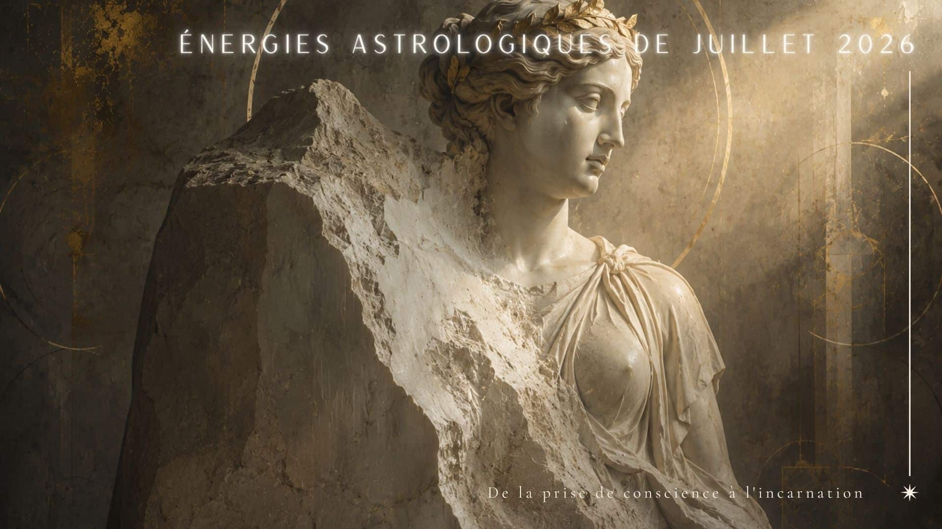 Statue inachevée d'une déesse grecque émergeant d'un bloc de marbre, symbole de l'incarnation et de la transformation.
