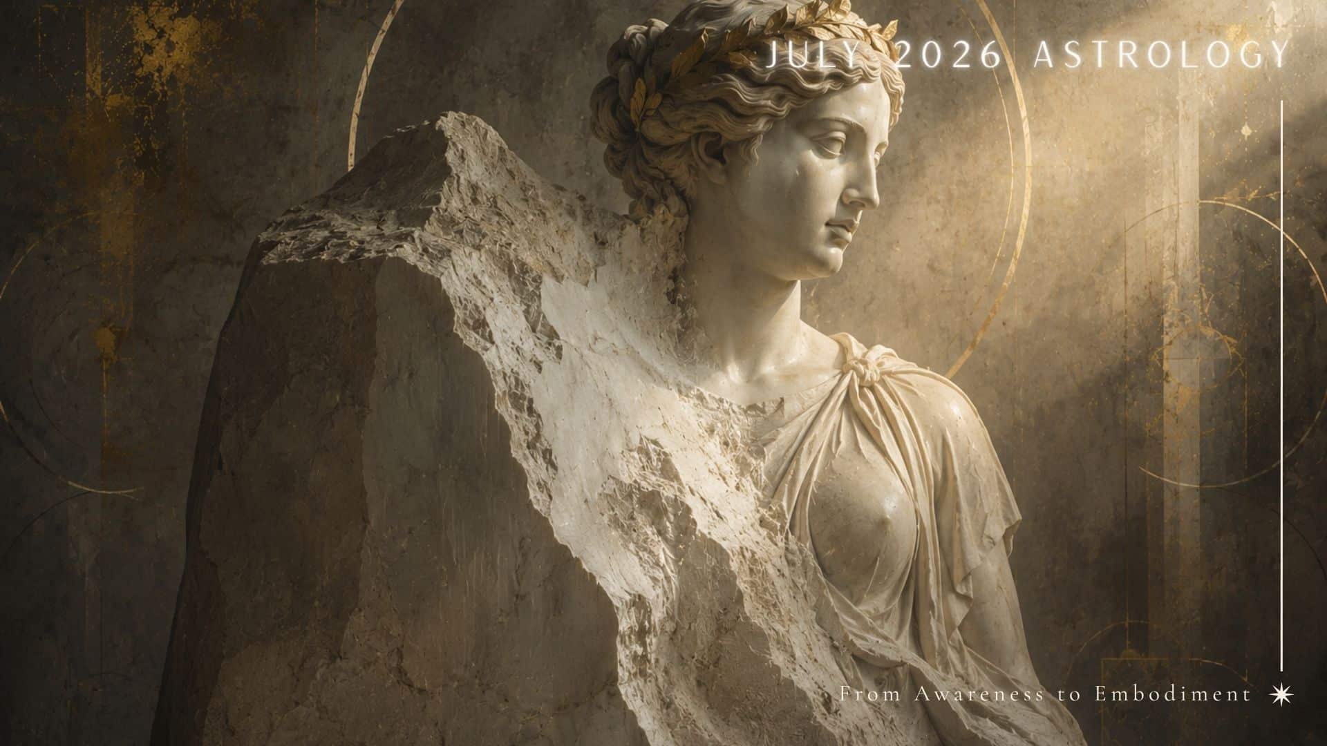 July 2026 astrology illustration featuring a partially carved Greek goddess emerging from a block of marble, symbolising embodiment and inner transformation.