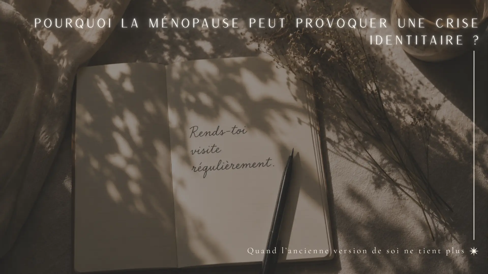 Carnet ouvert baigné de lumière naturelle avec ombres végétales, évoquant l’introspection et la reconstruction identitaire pendant la ménopause.