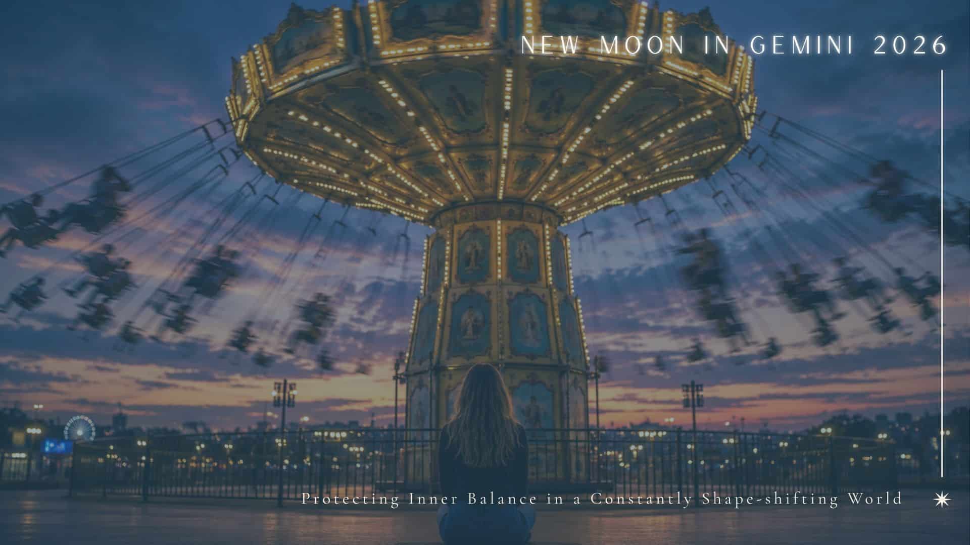 Woman sitting still in front of a moving carousel symbolizing inner balance during the New Moon in Gemini of June 2026