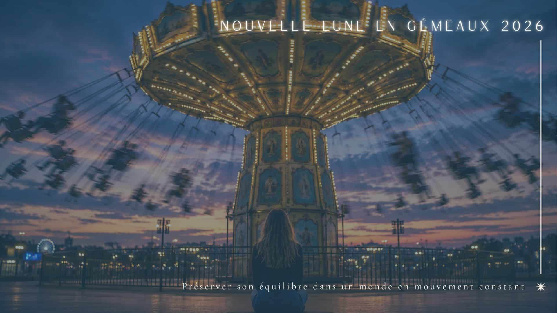 Femme immobile face à un manège en mouvement illustrant la recherche d’équilibre intérieur pendant la Nouvelle Lune en Gémeaux 2026