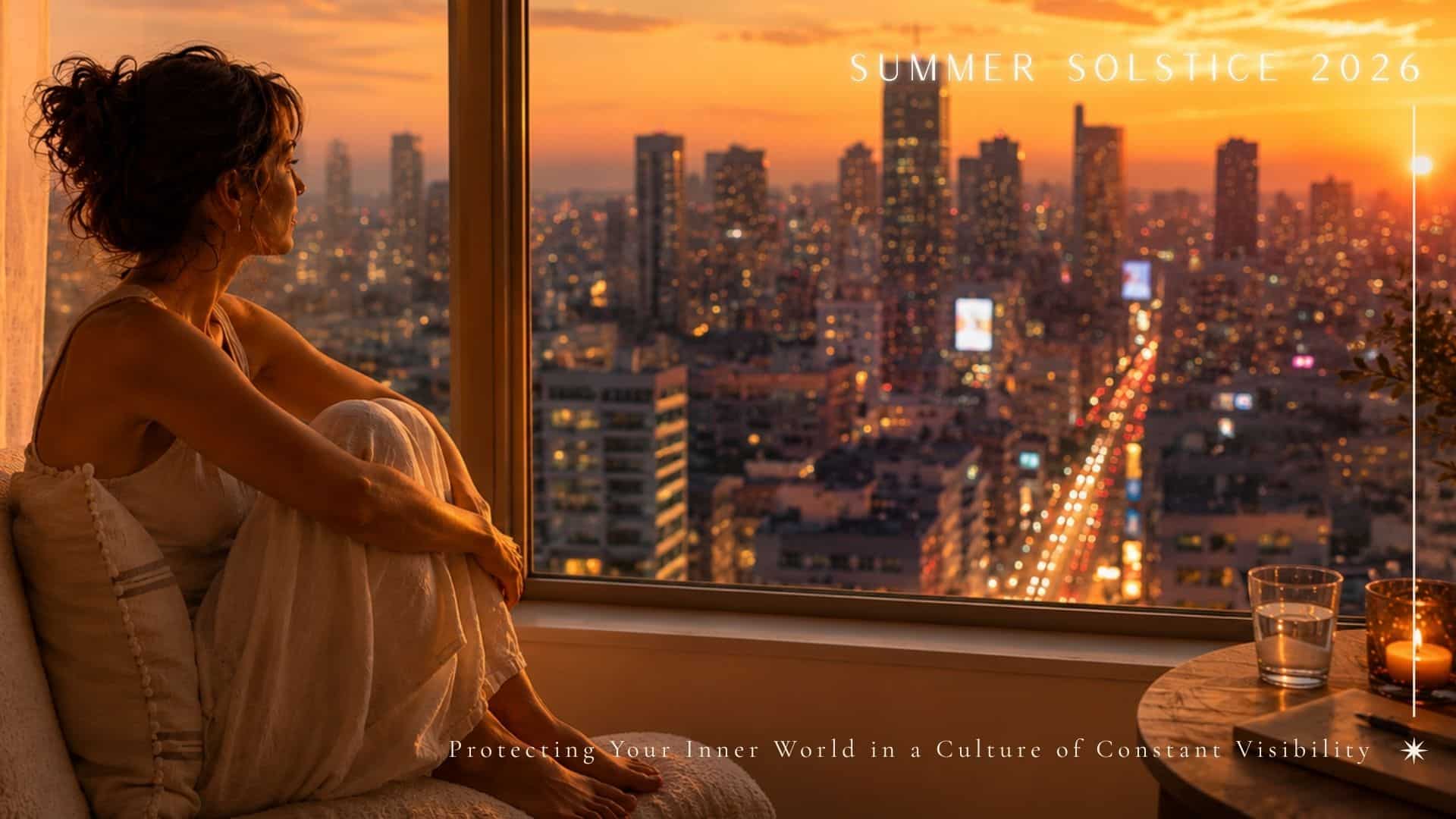 Symbolic illustration for the Summer Solstice 2026 exploring emotional overwhelm, social visibility and the search for inner grounding in a hyperconnected world.