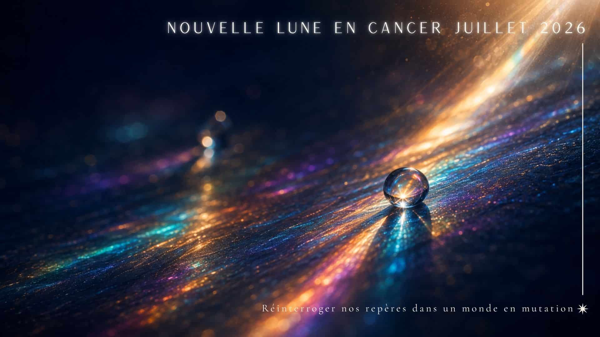 Lumière traversant une sphère de verre et révélant un spectre coloré, symbole du changement de regard évoqué par la Nouvelle Lune en Cancer de juillet 2026.