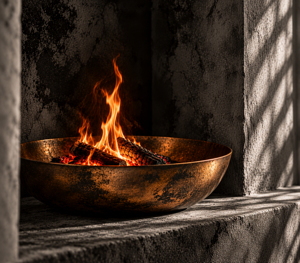 Fire burning in a copper bowl — October 2026 astrology