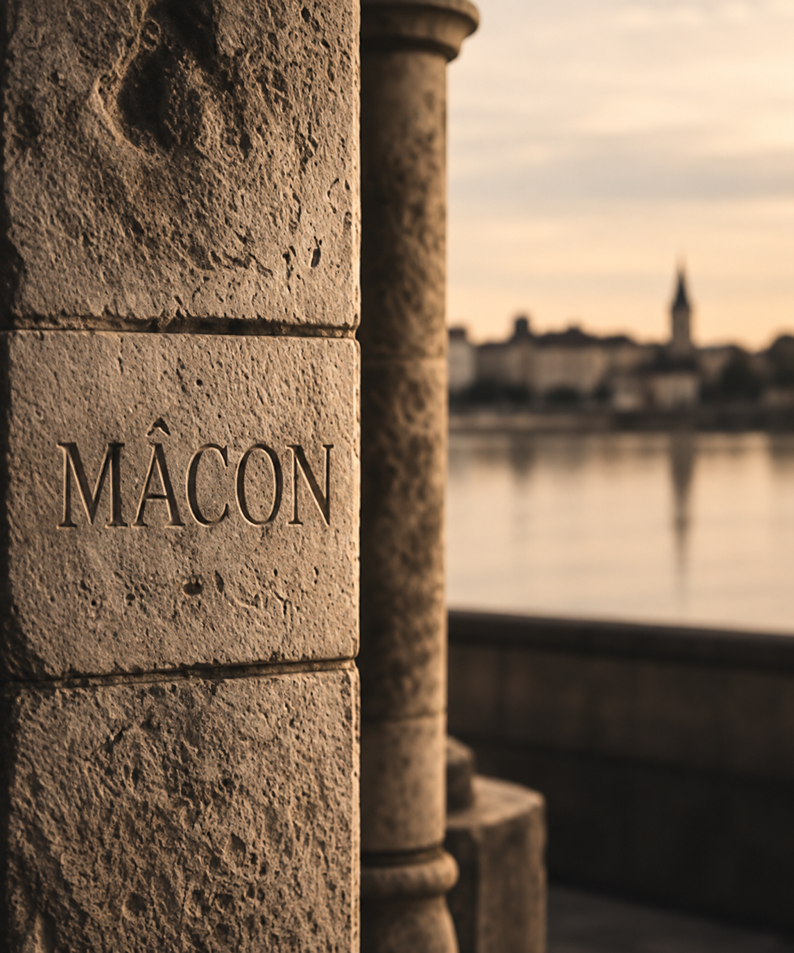 Pierre gravée Mâcon avec la Saône et le clocher de la ville en arrière-plan