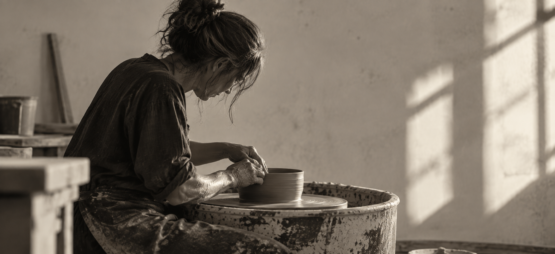 Woman shaping clay on a pottery wheel in her studio.