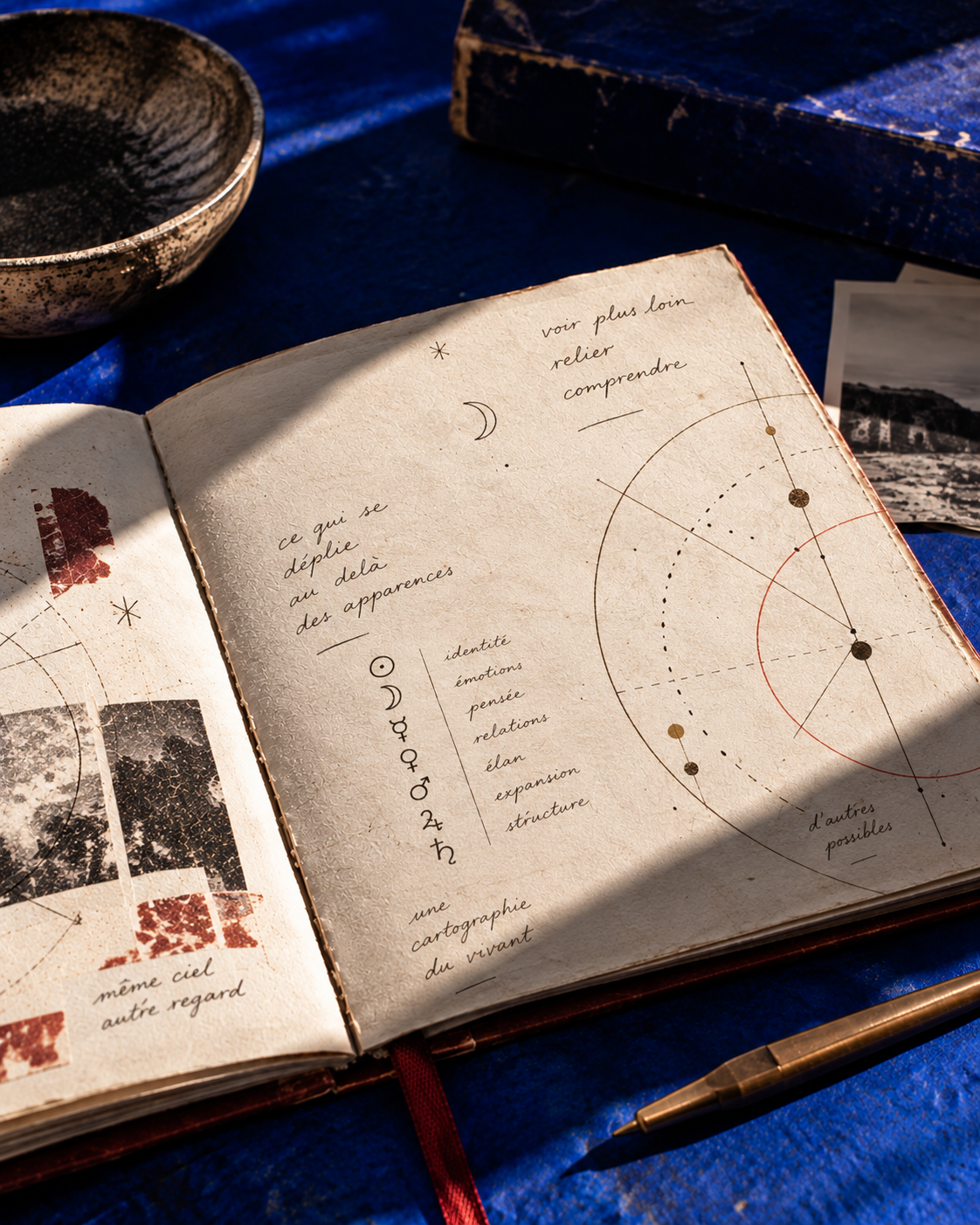 Carnet d’étude astrologique ouvert avec notes et tracés symboliques