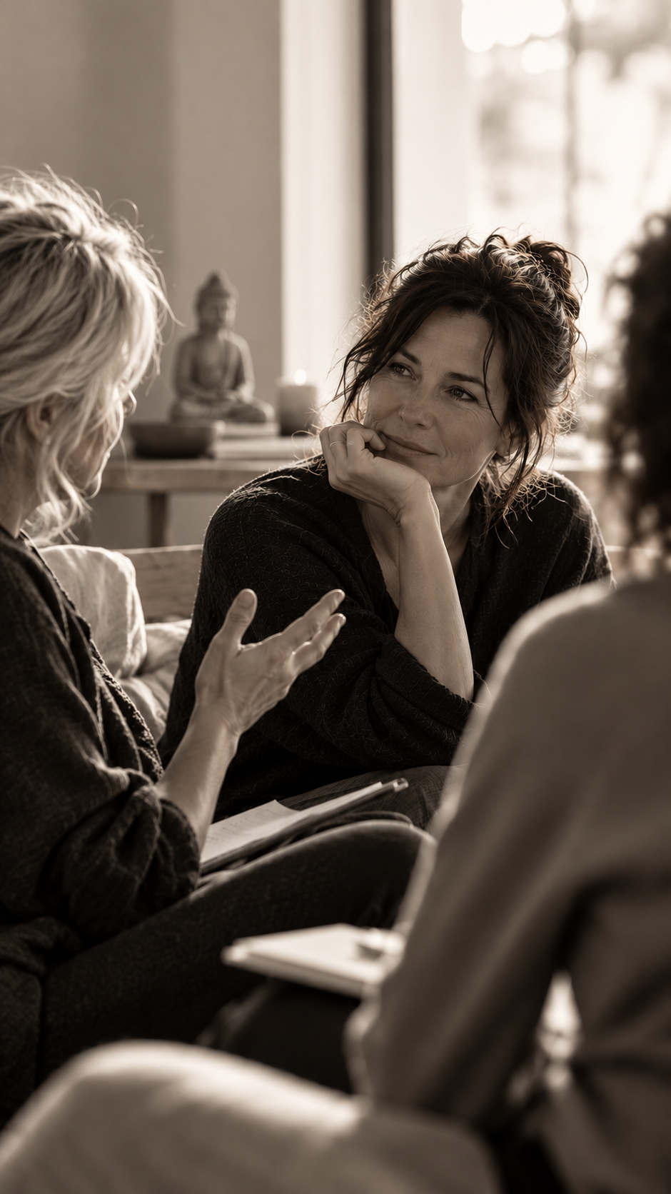 Trois femmes échangent dans un cadre intimiste, lors d’un atelier de réflexion et de partage.
