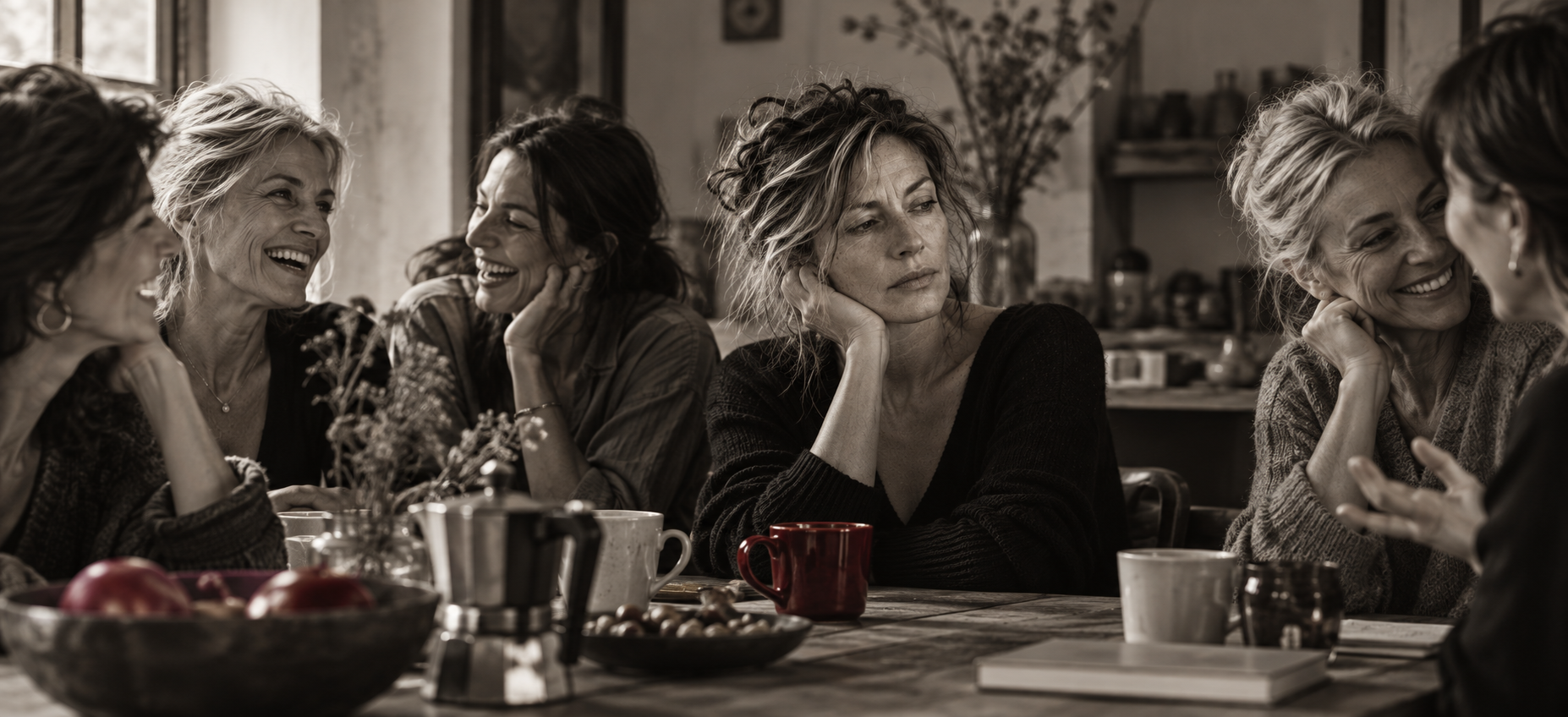 Au milieu d’un groupe de femmes souriantes et engagées dans une conversation, une femme au regard pensif semble ailleurs, illustrant le décalage entre les attentes sociales de positivité et le vécu intérieur.