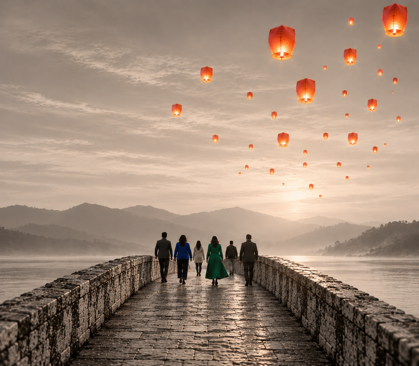 Un groupe de personnes traverse un pont de pierre vers une rive brumeuse, sous des lanternes orange, dans un paysage sépia aux touches de couleurs vives.