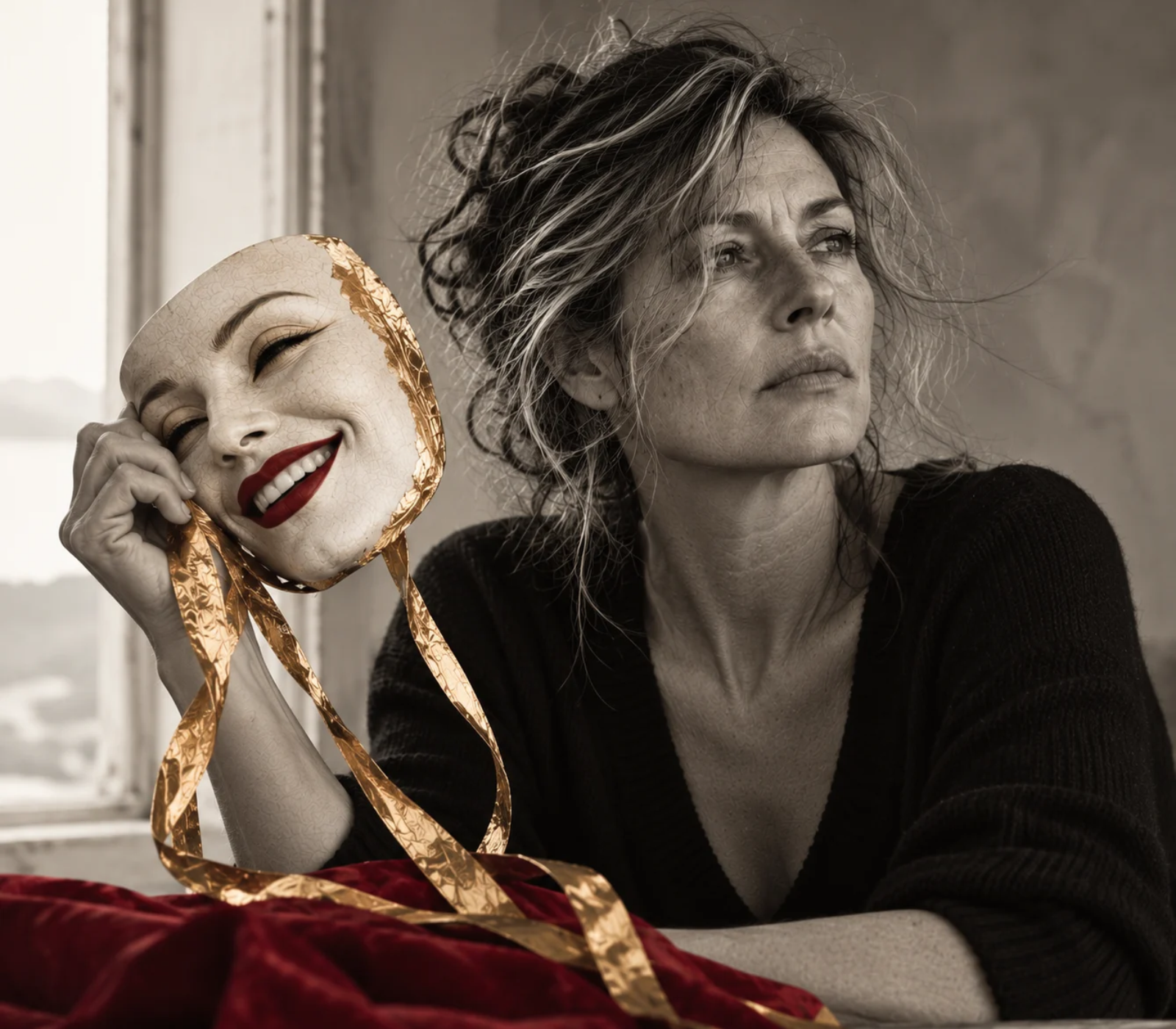 Une femme triste qui porte à la main un masque souriant.