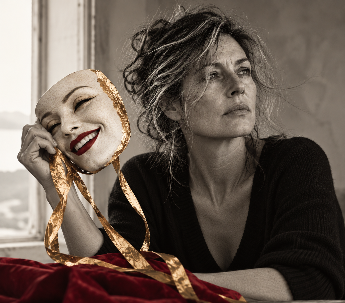 Une femme au visage pensif tient un masque au sourire éclatant, aux lèvres carmin et aux rubans dorés, symbolisant l'injonction faite aux femmes de rester fortes et positives face à l'épreuve.
